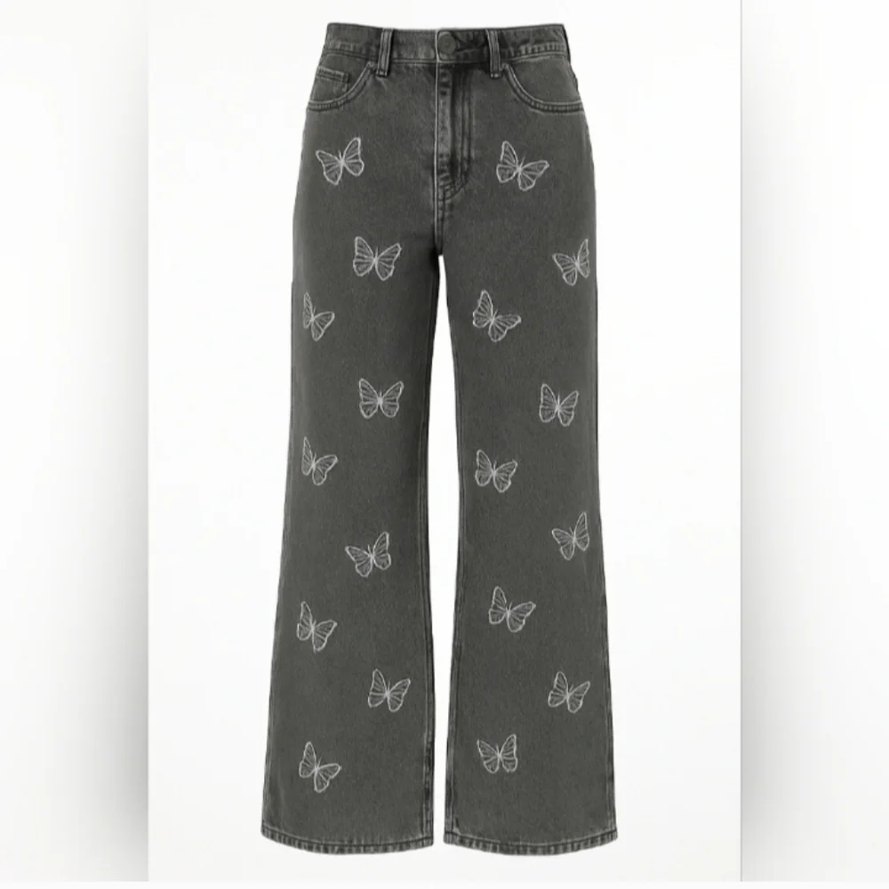 Butterfly Embroidered Gray Women Jeans